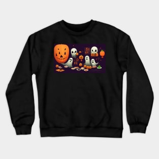 Cartoon Illustration of Ghosts and Pumpkins Surrounded by Food Crewneck Sweatshirt